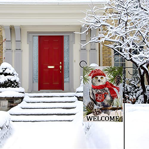 Artofy Welcome Winter Owl Coffee Pinecones Home Decorative Garden Flag Snow, Pine Trees Branches House Yard Outside Decor, Christmas Snowflakes Farmhouse Outdoor Small Decoration Double Sided 12 X 18 #TOP6
