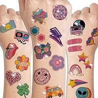 CHARLENT Glitter Groovy 70s Temporary Tattoos for Kids - 74 Individually Sheets Glitter Retro Flower Power, Smiley Decorations Tattoos Stickers for Boys Girls Party Supplies