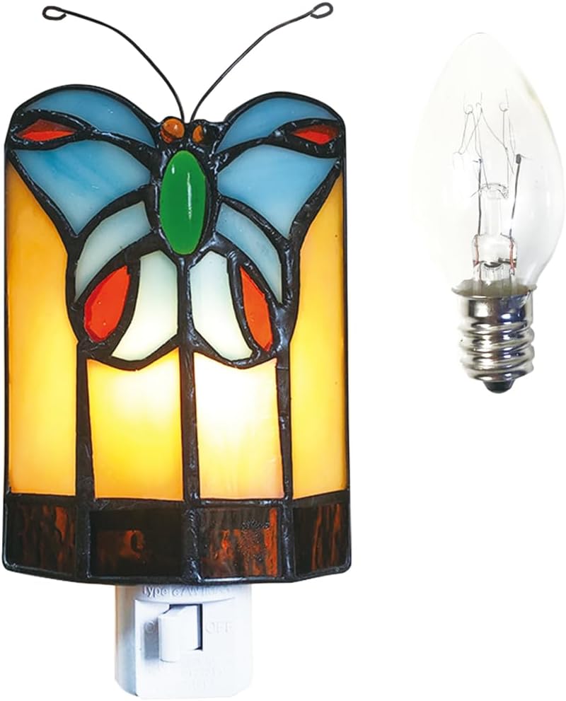 HUIMEIJU Tiffany Butterfly Colored Glass Wall Insert Night Light, Handmade Art Glass Room Light