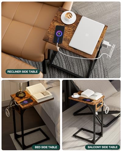 Image of C-Shaped Side Table for Couch - Small Coffee Stand Sofa Tray Desk with Metal Frame Waterproof Scratch Resistant Wood Top and Built-in Charging Station, Rustic Brown