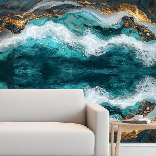 Image of Nuxovilar Teal Gold Marble Vein Wallpaper Peel Stick Vinyl 15.75x39.37