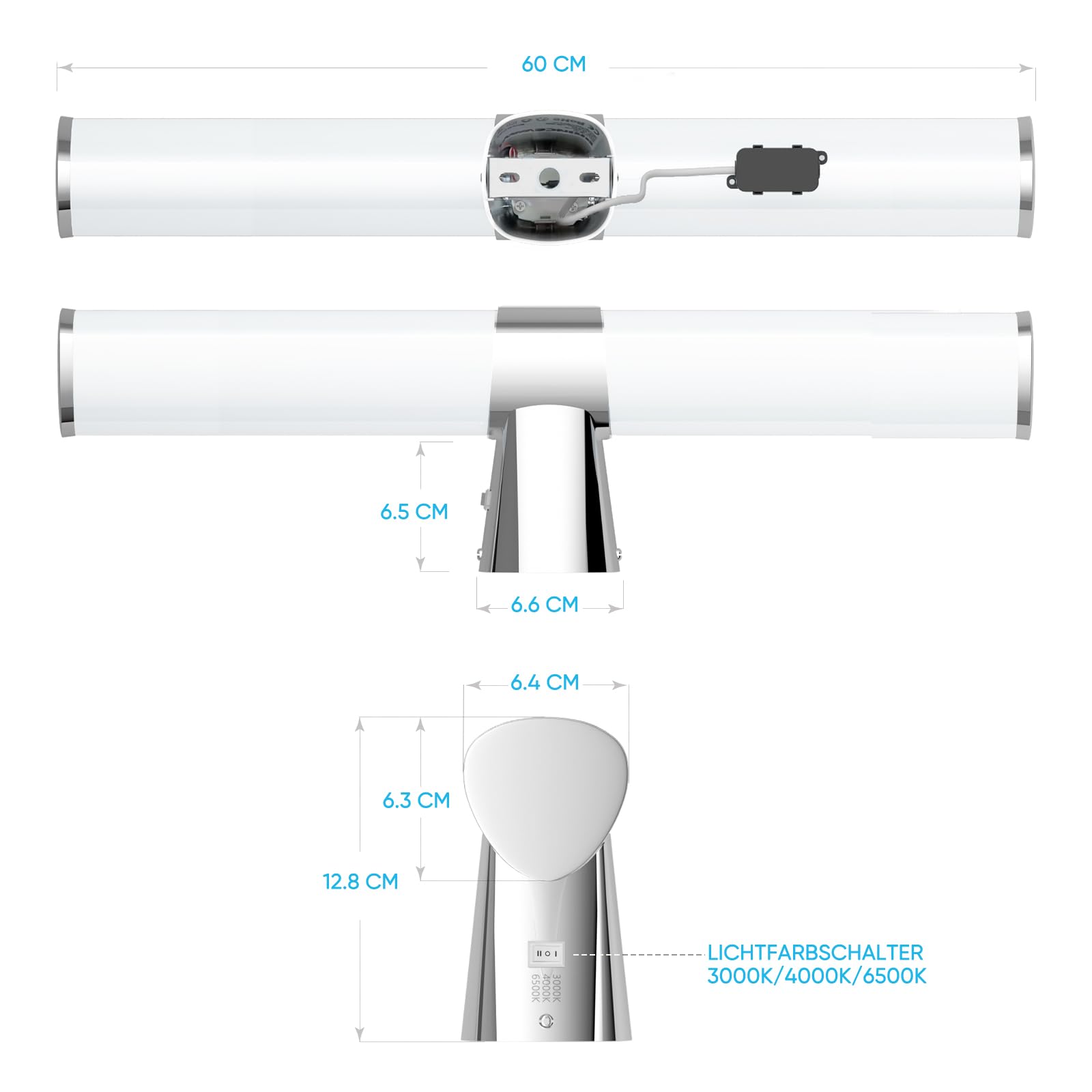 LED Wandleuchte Innen für über Spiegel Bad, 15W 1500Lm Badezimmer Lampe Wand, 60CM Breit IP44 Wasserdicht Spiegellampe, Silber Chrom, Nicht Dimmbar, 3 Lichtfarben Modi, Kein Schalter