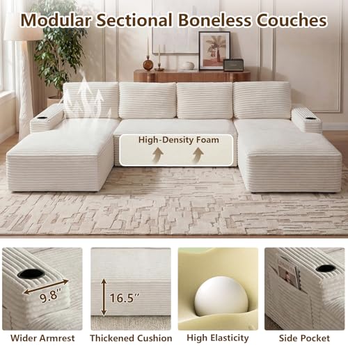 Image of 133 inch U-Shape Cloud Couch, Modern Modular Sectional U-Shape Sofa, Corduroy Boneless Couch Upholstered Couches Deep Seat Sleeper Chaise Longue for Living Room, No Assembly Required,White