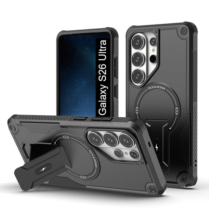 Image of US LITE Back Cover for Samsung Galaxy S26 Ultra with Portable Kickstand | MagSafe Compatible Magnetic Case | Shockproof Military Grade Protection | Extreme Protection Phone Cover - Black