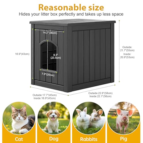 Image of Cat Litter Box Enclosure, Multi-Functional Enclosed Cat Litter Box Furniture, Outdoor Cat House Weatherproof, Openable Front Door & Raised Floor, Easy to Clean & Assemble, Black