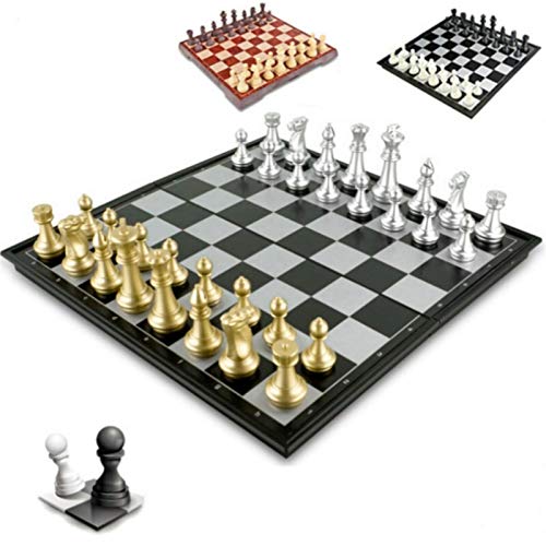 Preisvergleich Produktbild HOSMENDFOE Desktop-Spiel Schachspiel mittelalterliche Schach-Set mit Schachbrett 32 Schachfiguren mit Schachbrett Gold Silber Magnetischer Schach-Set Schachspiel (Color : Black)