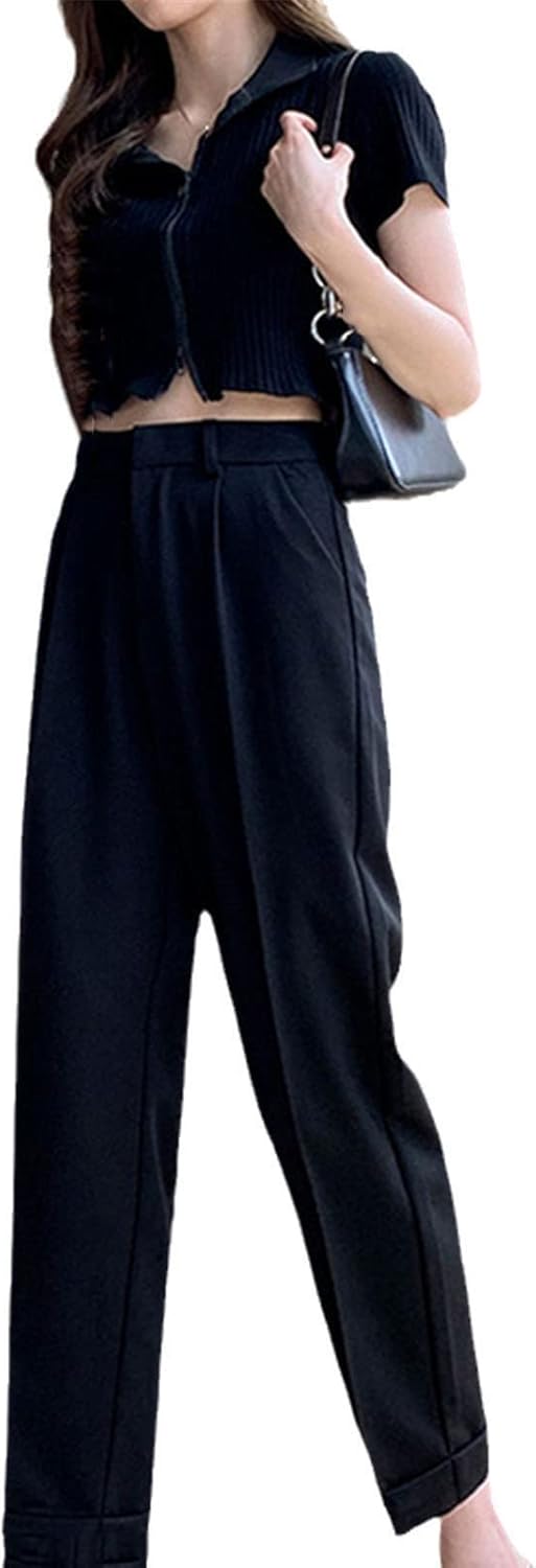Kelsiop Women's Ninth Pants Office Solid Color Pleated Curling High Waist Zipper Placket Straight Leg Pants