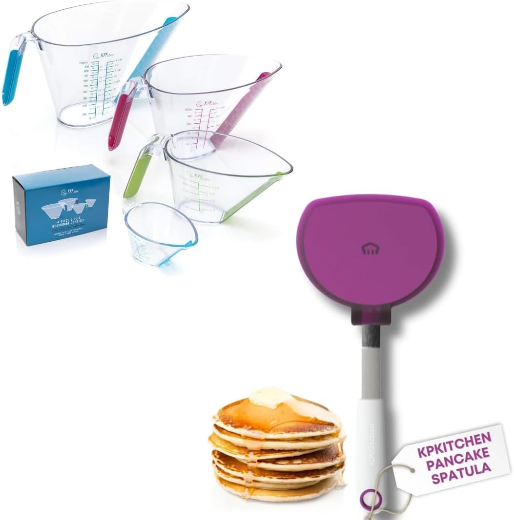 KPKitchen 4-Piece Liquid Measuring Cups Set and Pancake Flipper - Includes Mini Ounce, 1, 2 and 4 Plastic Measuring Cup Sizes - Large Silicone Pancake Turner