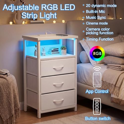 Image of Fixwal White Nightstand with Charging Station, LED Night Stand with 3 Fabric Drawers and Open Shelf, Bedside End Table in Bedroom