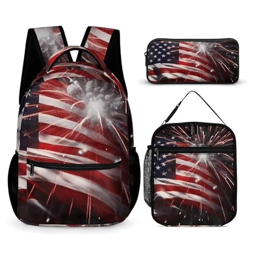 American Flag Firework Backpack Set Lightweight Bag Lunch Box Pencil Bags for Women Men Bookbags 3 in 1
