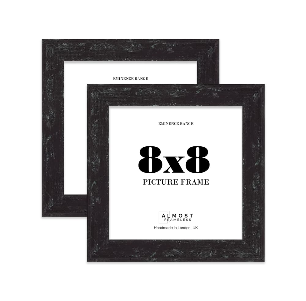 8x8" Distressed Black Picture Frame - Rustic Wood Industrial Effect Photo Frame for Wall Display, Ideal for Posters, Prints & Home Décor, Wall Hooks and Kickstand, 32mm Edge - 2 Pack