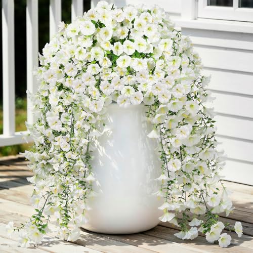 Image of Lewondr 2PCS Artificial Hanging Flowers UV Resistant Silk Petunias, White | 29.5 inch Morning Glory, No Watering Needed, Fade Proof, for Porch Patio Yard Baskets, Spring Summer Decor, Indoor Outdoor Use