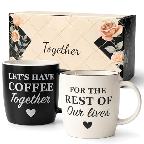 Triple Gifffted Lets Have Coffee Together Coffee Mug Set Engagement Wedding Gifts for Couple Bride and Groom Newlywed Bridal Shower His Hers Mr and Mrs Christmas Day Valentines Ceramic 13Oz