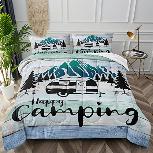 Bducok Happy Camping Bedding Sets Twin Size Camper Comforter Set For Boys Kids Girls Camping Print Decor Bedding Rustic Vintage Farmhouse Style Comforter Camping 3020,Twin #TOP2