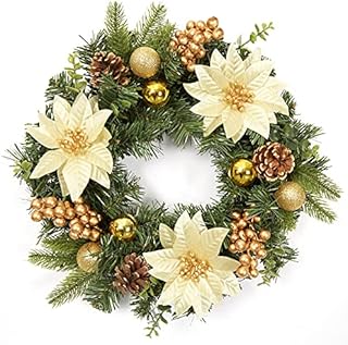 Adeeing 16 Inch Artificial Christmas Wreath, 40cm Gold Front Door Garland with Christmas Baubles, Xmas Flowers, Berries and Pine Cones for Door Wall Window Fireplace Decoration