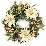 Adeeing Christmas Wreath for Front Door, 16 Inch Outdoor Christmas Wreath with Artificial Poinsettia