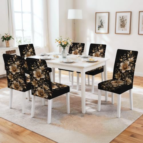 Image of Black Gold Floral Dining Chair Covers Set of 4, Stretch Covers