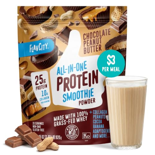FlavCity Grass Fed Whey Chocolate Protein Powder - Chocolate Peanut Butter - 25g Protein & 10g Collagen - Made with Organic Cocoa & Coconut Milk - Gluten Free & No Added Sugars (20 Servings)