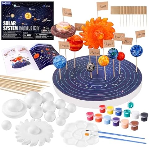 Ayfjovs Solar System Model Kit, Solar System Foam Balls Crafts for Kids School Projects to Learn Planets, Includes Mixed Sizes Polystyrene Balls, Pigments, Flags, Brushes, Bamboo Sticks for DIY Cover