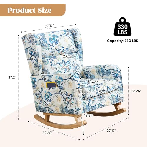 Image of HCHAIRH Rocking Chair Nursery for Mom Nursery Rocker with High Backrest and Solid Wood Legs, Modern Wingback Accent Chair for Bedroom Reading Living Room, Blue Floral