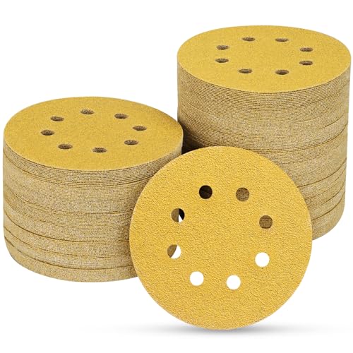 Image of POTUINOM 80PCS 5 Inch 8 Hole Sanding Discs 40 Grit,Gold Round Hook and Loop Sandpaper for Random Orbital Sander