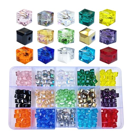 Image of 8mm Cube Glass Beads for Jewelry Making 300pcs Faceted Square Shape Colourful Crystal Spacer Beads Assortments Supplies Accessories for Bracelet Necklace with Cord