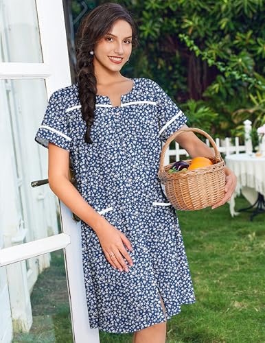 Image of Ekouaer Nightgowns for Women House Dress with Pockets Snap Front House Coat Short Sleeve Duster Moo Moos Sleepwear S-3XL