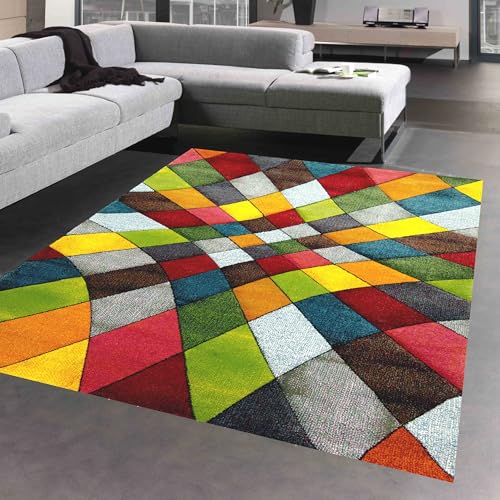 CARPETIA Teppich Wohnzimmer modernes buntes Rautenmuster Design orange gelb grün - pflegeleicht Größe 80x150 cm