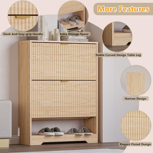 Image of BORNOON Shoe Cabinet with 2 Flip Drawers, Fluted Shoe Storage Cabinet with Adjustable Shelves, Freestanding Rack and Organizer for Entryway, Hallway