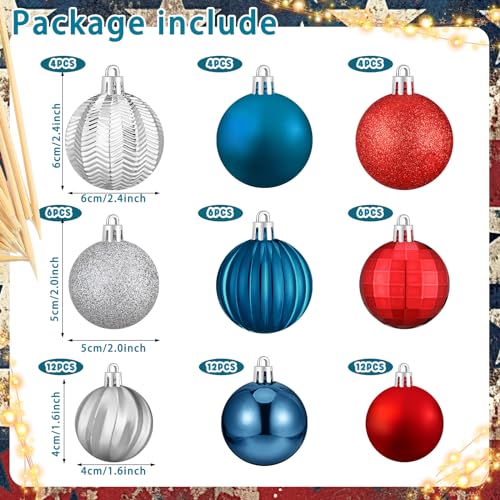 Image of Lunmon 64 Pcs Red Blue and Silver Christmas Ornaments Patriotic Xmas Balls