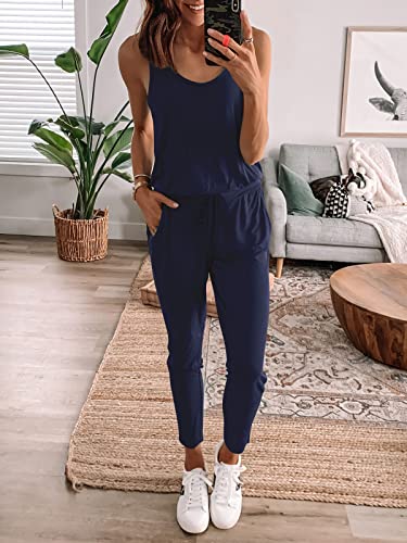 Anrabess Women's Causal Tank Jumpsuits Sleeveless Drawstring Elastic Waist Loose Summer Romper Outfits With Pockets A208Zangqing-M #TOP3