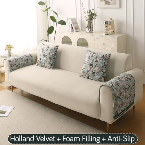 Image of HOKIPO 'Florentina Series' Premium Holland Velvet Sofa Arm Cover with Foam Filling & Anti Slip Backing | 2 Pcs | Magnolia Green (IN-876-V1*2S)