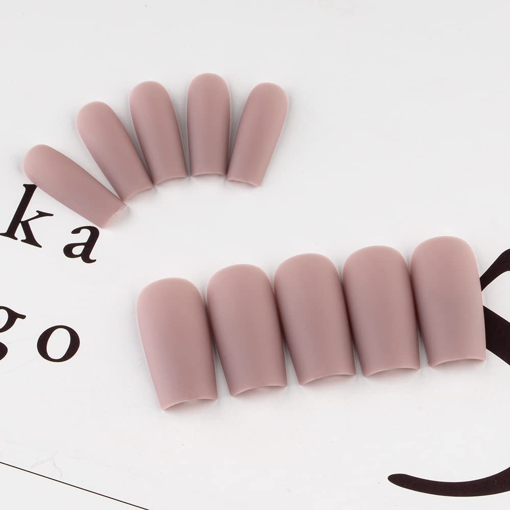 KQueenest Soft Gel Press on Nails Long Square, Matte Nude Brown False Nails Long Medium Coffin, Natural Solid Fake Nails Set - Image 4