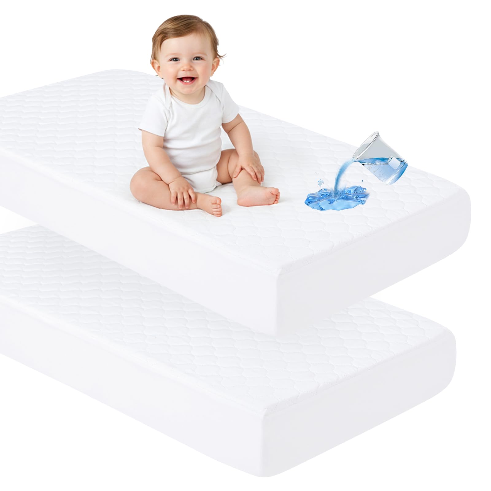 david's kids 2 Pack 52''x28'' Waterproof Crib Mattress Protector Pad Cover Stretch up to 8", Fitted Standard Crib and Toddler Mattresses, Ultra Soft and Breathable for Boys Girls Neutral, White