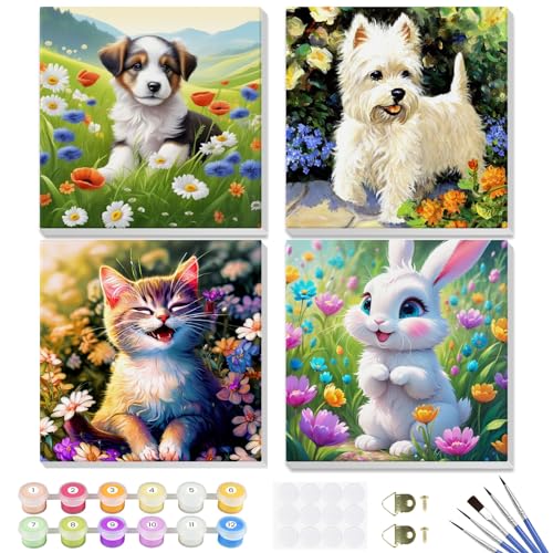 GHHKUD Pintura por Números para Adultos y Niños al óleo de Lienzo DIY, Pack 4 Pinturas para Niños, Kit Manualidades Niños Regalos para Niñas, Cuadros para Pintar por Numeros Paint by Number Animales