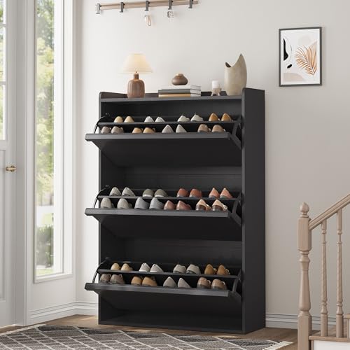 GarveeHome Shoe Cabinet with 3 Flip Drawers, Wooden Shoe Organizer Cabinet with Adjustable Shelf, Shoe Storage for Entryway, Hidden Shoe Cabinet for Hallway, Living Room, Black