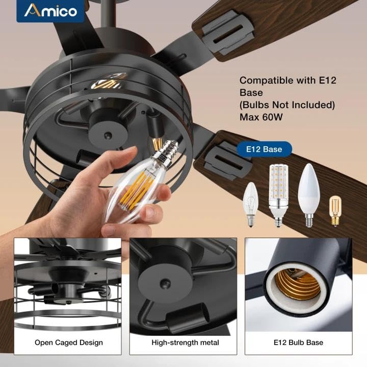 Image of Amico 52 Inch Farmhouse Ceiling Fans with Lights and Remote, Black Caged | E12 Replaceable Bulbs, Downrod Mount, Remote, Quiet Reversible Motor, Timer, Bedroom, Living Room, Covered Outdoor Spaces