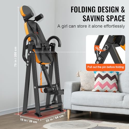 VEVOR Inversion Table, 300lbs Capacity Heavy Duty Inversion Table, Decompression Back Stretcher Machine, Strength Training Equipment with Headrest, Ankle Lock, Adjustable Protective Belt, Orange/Black - Image 5