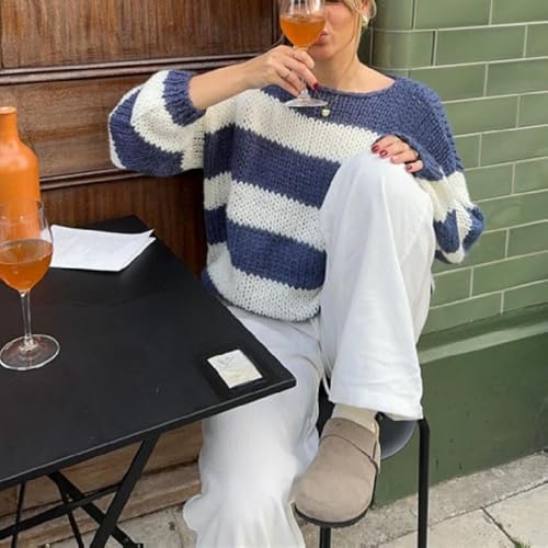 Women Y2K Striped Oversized Sweater Crewneck Long Sleeve Vintage Aesthetic Knit Pullover Tops Teens Cute Preppy Sweater3