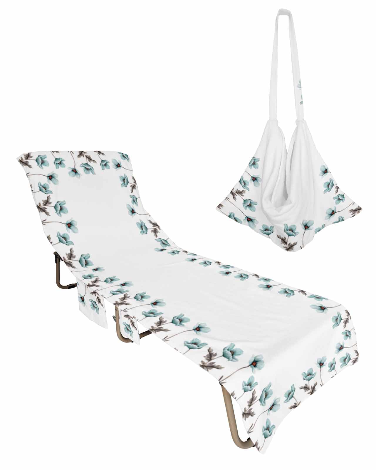 Teal White Flower Beach Chair Towel Covers for Chaise Lounge with Side Pocket, Soft Plush Pool Towels Cover for Patio Sunbathing Outdoor 29''x85'' Elegant Tulip Rustic Floral Vintage Plant