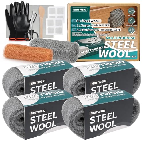 Steel Wool Gap Filler Kit - 4 Roll 0000# Fine Steel Wool, 5inx13ft Wire Mesh, 15x21cm Mesh Sheet, Wooden Stick Gloves Scissors, Household Hole Sealing Set for Home Garden Pipeline Repair (4-Rolls Kit)