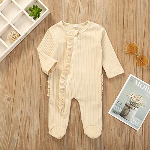 Lelloing Newborn Baby Boy Long Sleeve Romper Infant Girls Solid Color Footed Onesie Ribbed Jumpsuit Unisex Basic Pajamas(Pajama-Beige,0-3M) #TOP1
