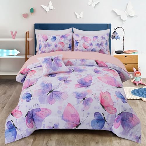 Btargot 3 Piece Butterfly Pattern Girls Comforter Set, Colorful Ink Stick Printing Bedding Set for Women, Purple Pink Twin