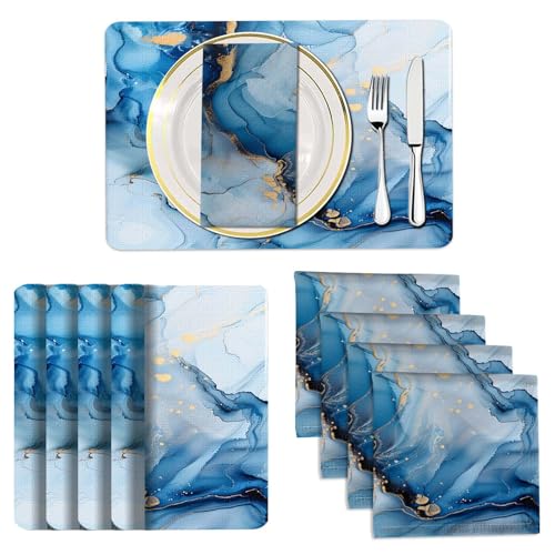 Mcalk 4 Each Blue Marble Placemats and Cloth Napkins Set of 8, Modern Art Placemat, Marble Print Cloth Napkin for Home Kitchen Decor (Placemats 18 "x12 Napkins 18 "x18)
