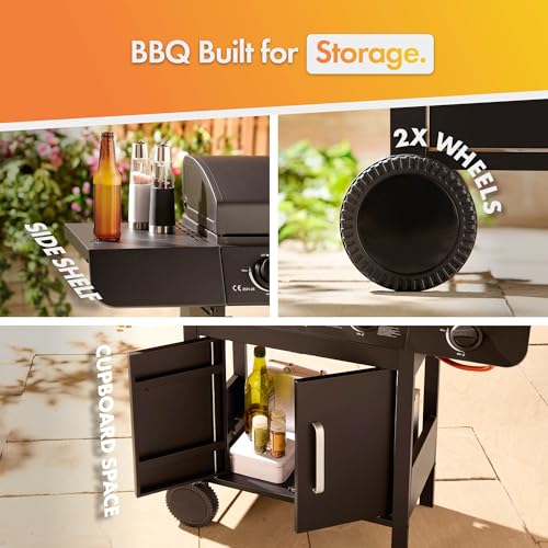 VonHaus Gas BBQ – 6+1 Burner Portable Barbecue with Warming Rack, Side Burner, Temperature Gauge, Cabinet Storage Shelf, Wheels, Gas Hose & Regulator – Steel Barbeque can Grill Meat, Fish & Vegetables - Image 5
