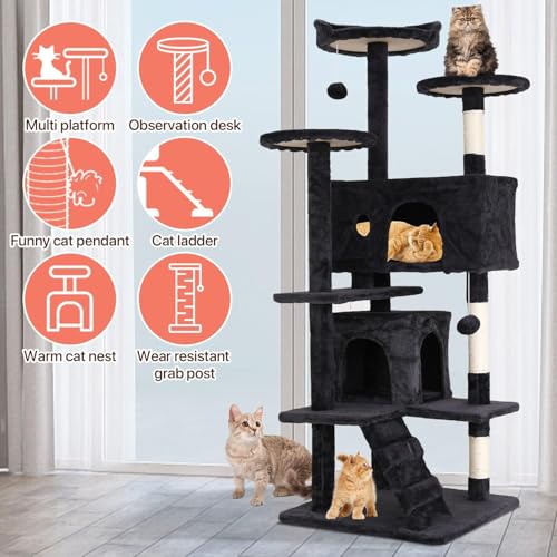 Torre para Gatos de 54 pulgadas con Rascador y Casa miniatura 6