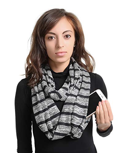 Zipper Hidden Pocket Infinity Scarf - Black Women Men Convertible Scarf lightweight Thin Scarves Light Plain Solid Jersey Security Travel Passport Purse Fashion Infinite Scarfs For Spring Winter