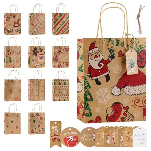 Geschenktüten Weihnachten Weihnachtstüten Klein - 12 braune Kraftpapiertüten mit Henkeln & 12 Anhänger – Umweltfreundliche Papiertüten für Geschenke, Nikolaus & Wichteln für Kinder, Familie & Freunde
