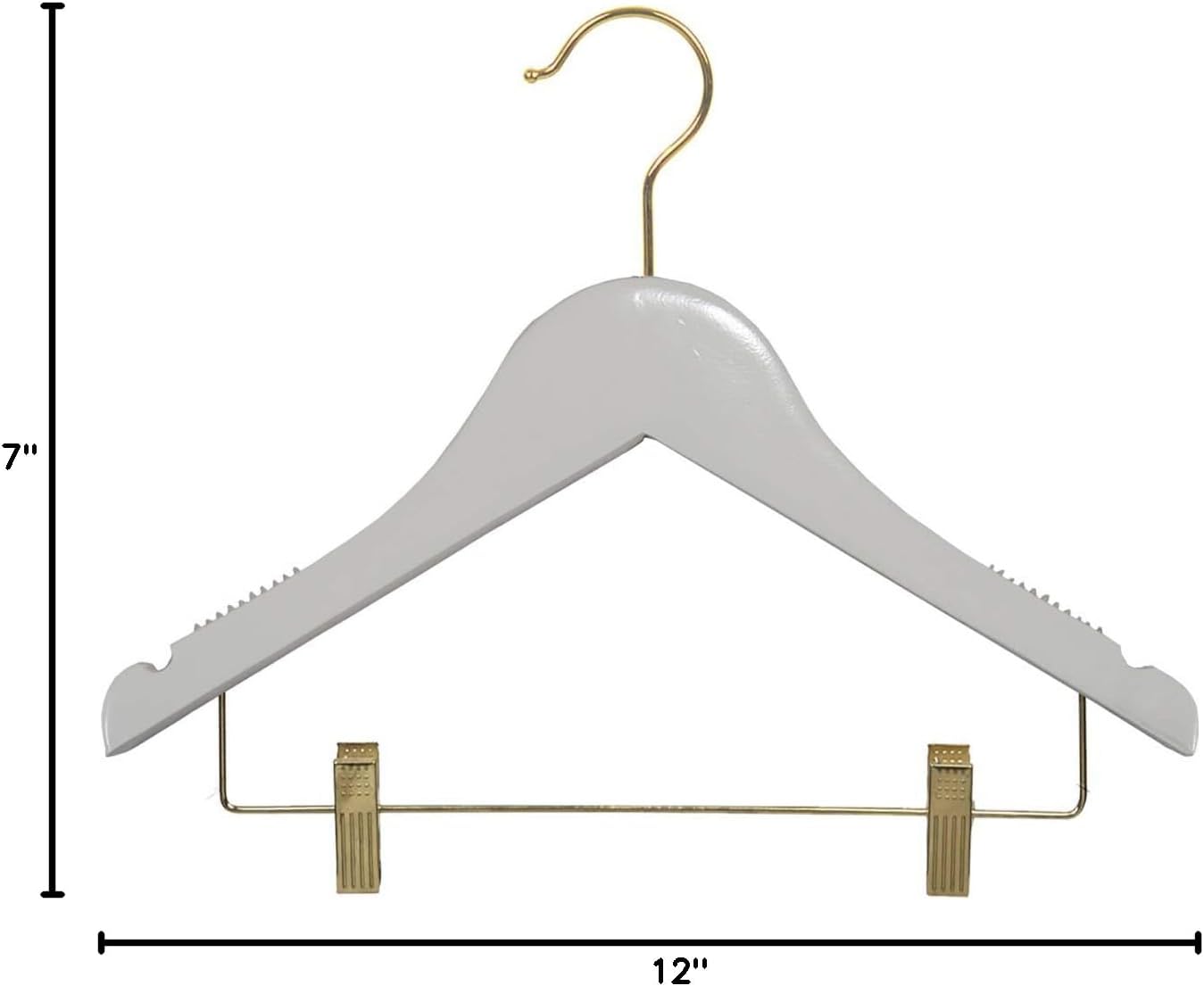 Kids White Finish Wood Combo Hanger with Clips and Notches in 12" Length X 7/16" Thick with Rubber Strips and Brass Hardware, Box of 50