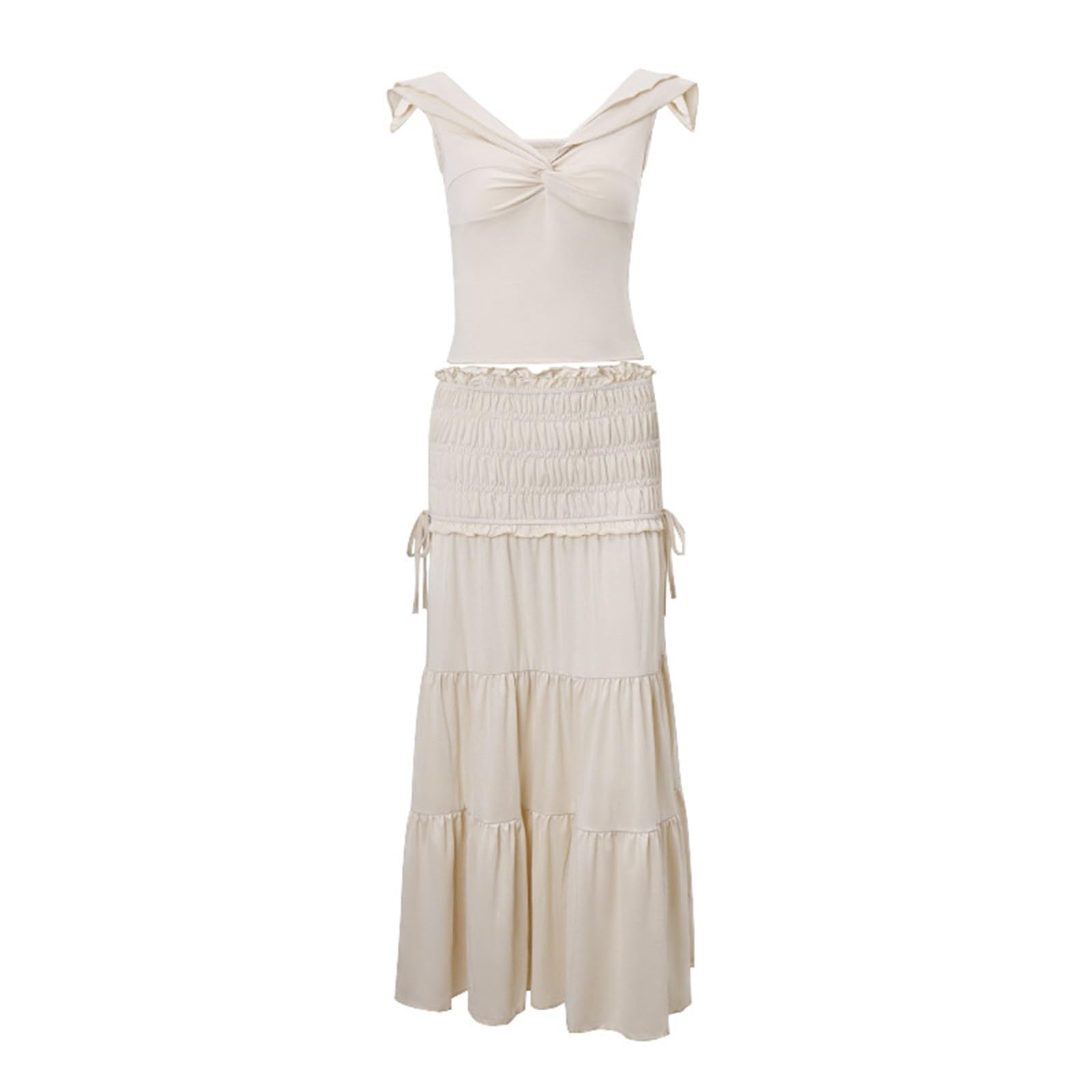 Y2k Ensemble de jupe longue 2 pièces à volants sans manches pour femme avec haut court à volants et jupe longue fluide pour les vacances d'été, la plage, les sorties